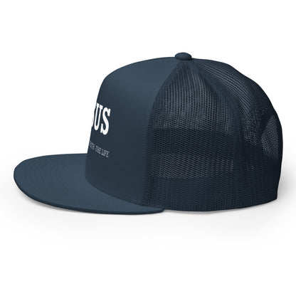 "Protective trucker cap with a curved brim to shield from the sun