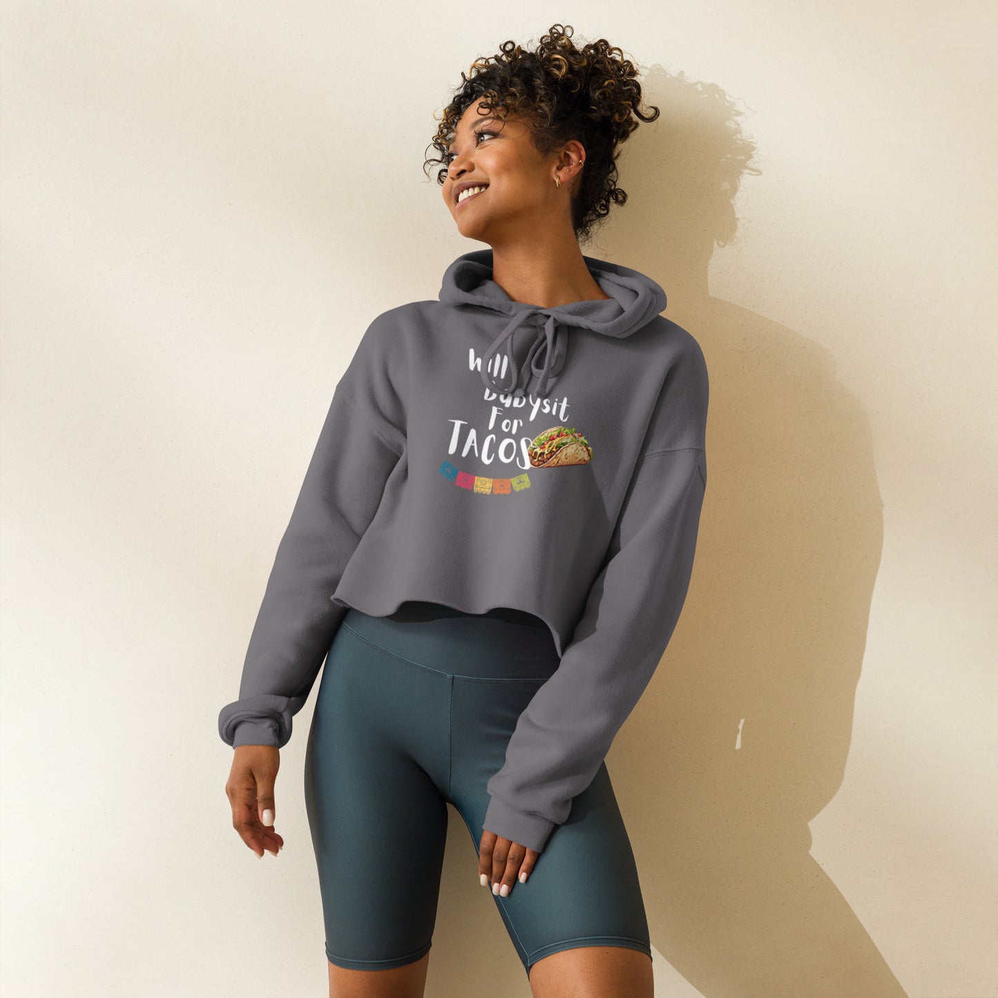  A trendy crop hoodie for taco enthusiasts, with a fun graphic design.